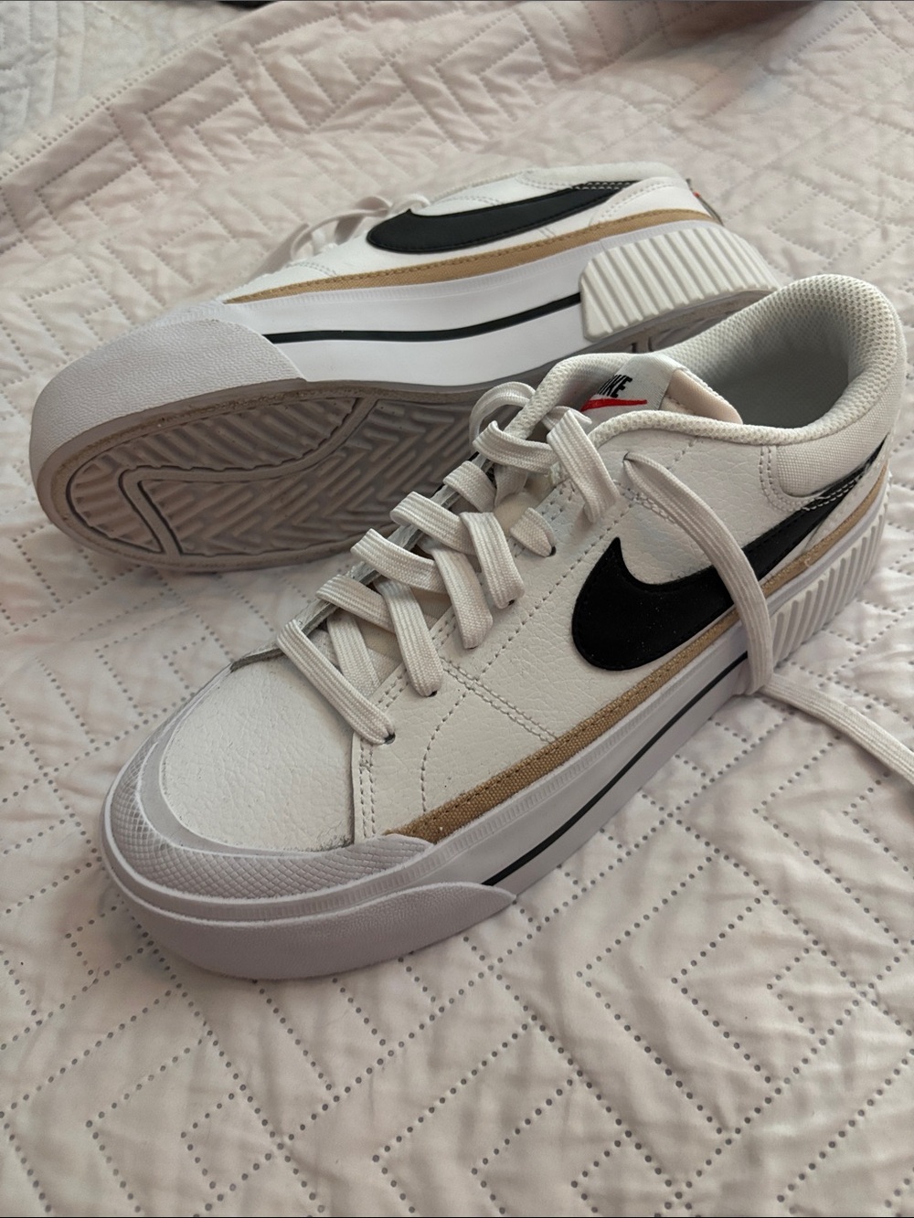 Nike Women’s White Low-Top Sneakers with Black Swoosh and Tan Accent